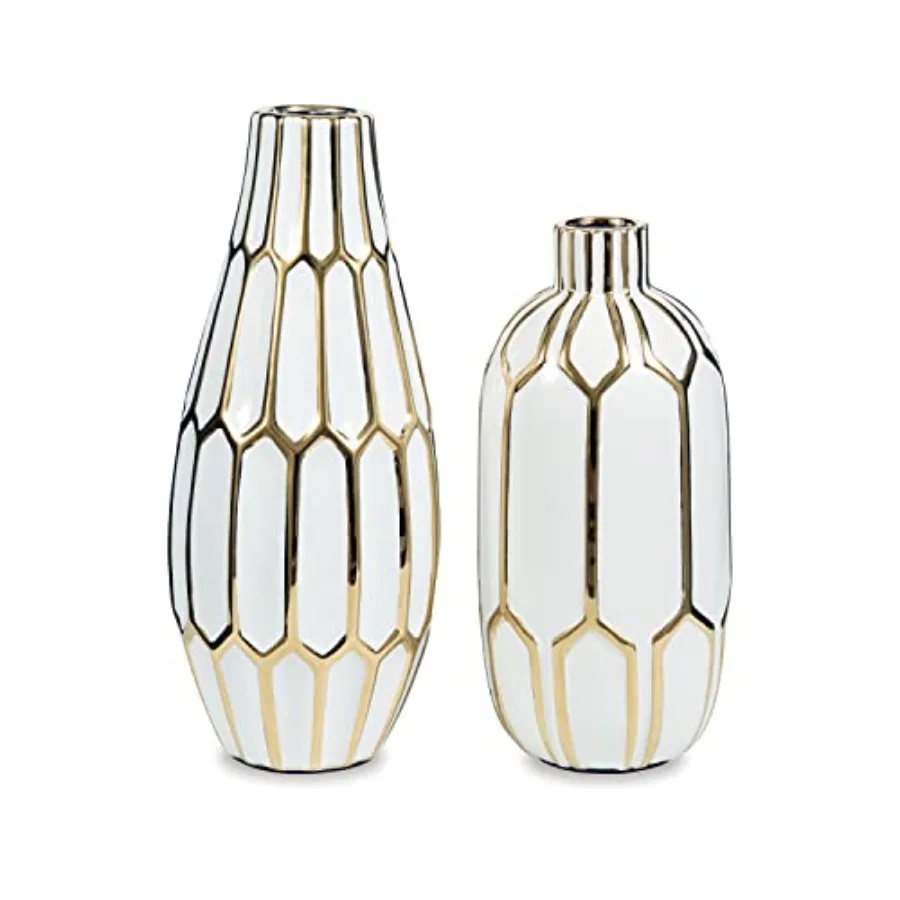 

Mohsen Honeycomb Ceramic 2 Piece Bottle Neck Vase Set, White Gold
