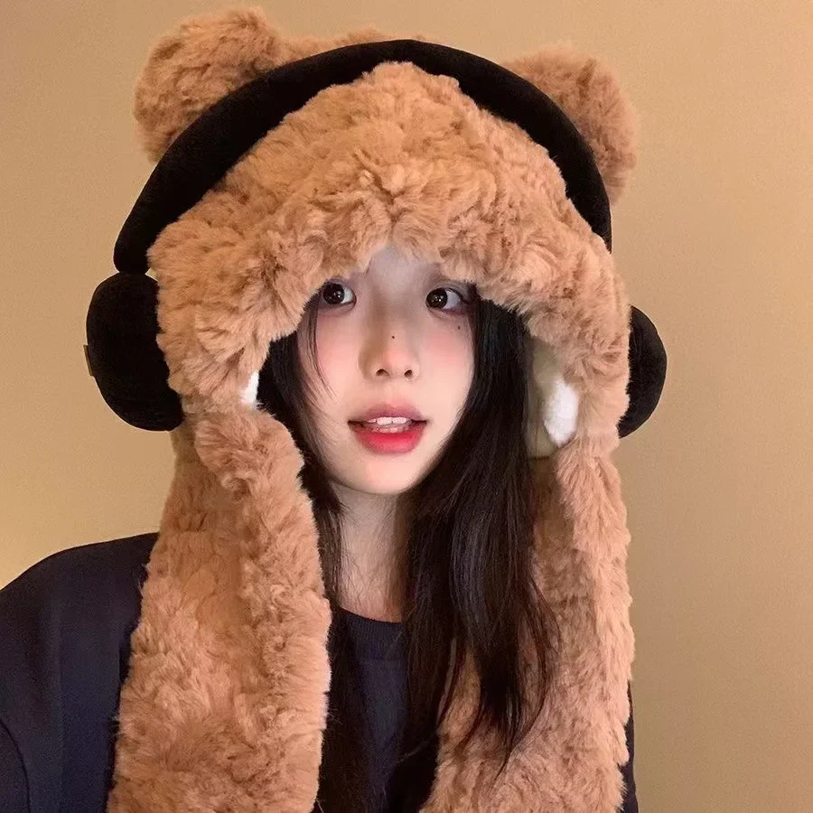 Fashion Cute Bear Ears Winter Hat for Women Woolen Ear Protection Bucket Hat Plush Coldproof Winterproof Cycling Face Mask Cap