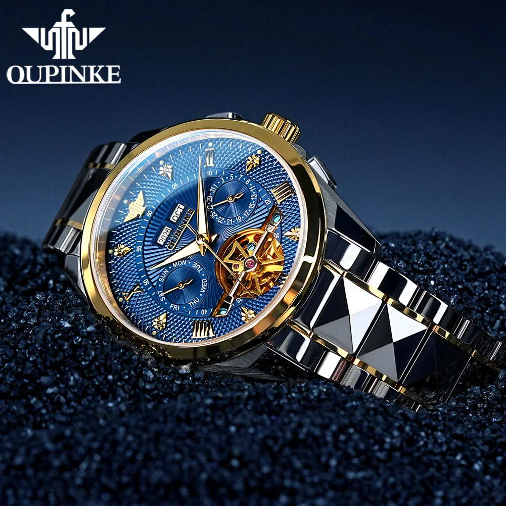 OUPINKE 3270 Automatic Mechanical Watch Luxury Brand Tungsten Steel Hollow Men Watch Calendar Roman Scale Waterproof Men Watch