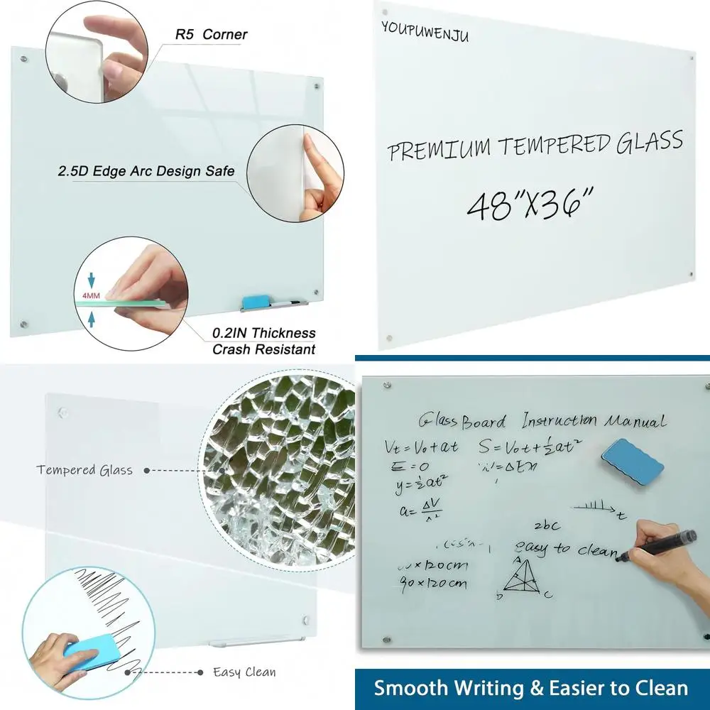 

48x36 Inch Premium Frameless Magnetic Whiteboard, Tempered Glass, Wall-Mounted Dry Erase Board for Messages