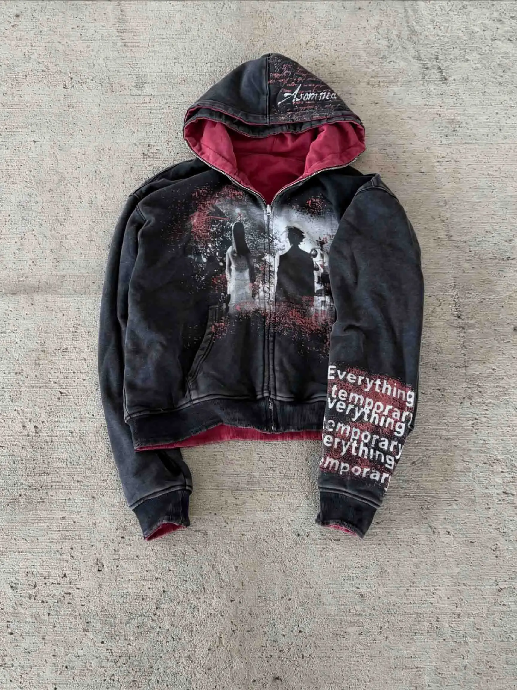 Y2K Reversible Cropped Zip Up Hoodie Vintage Washed Print Gothic Streetwear Jacket
