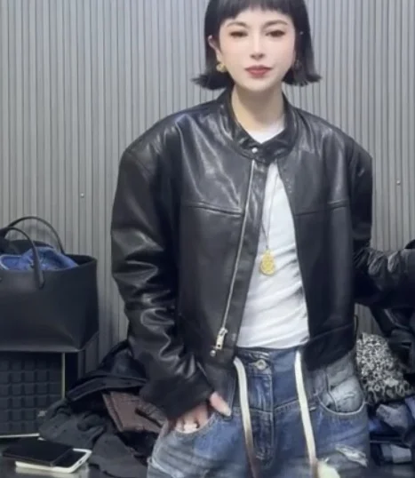 Nowa damska kurtka ze skóry naturalnej, skóra bydlęca garbowana, modny płaszcz w małym rozmiarze, odzież wierzchnia na wiosnę i jesień, moda 2025.