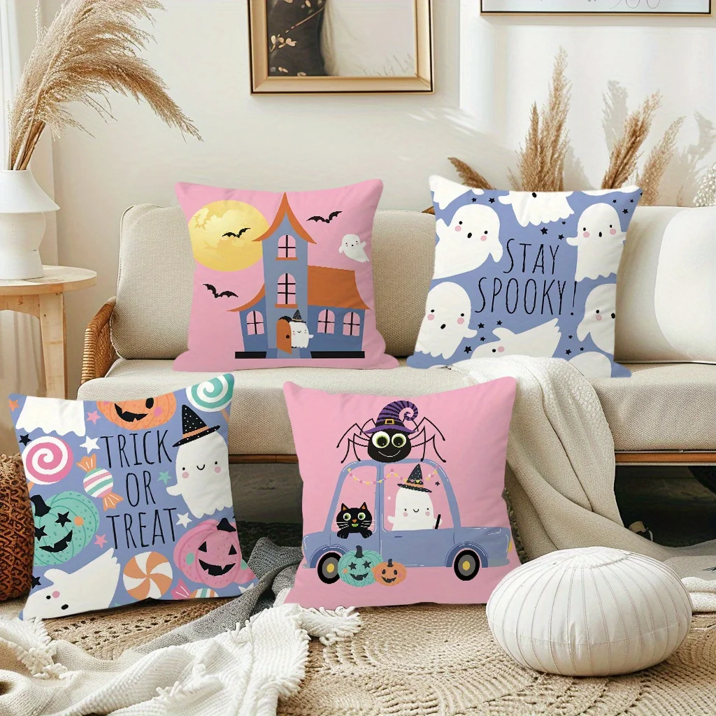[Halloween Throw Pillow Covers] 4pcs Halloween Throw Pillow Covers 18x18 Inch, Spooky Cartoon Pumpkin Candy Ghosts & Trick or Tr