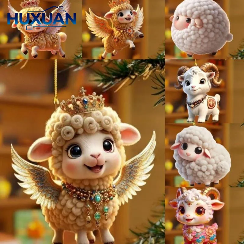 1Pcs 2D Acrylic Sheep Car Rearview Mirror Pendant Christmas Tree New Year Decoration