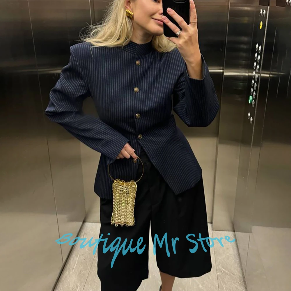 Trajes informales inteligentes para mujer, conjunto de dos piezas (chaqueta + pantalones) con cuello levantado y una hilera de botones, ropa de calle diaria, traje femenino de moda