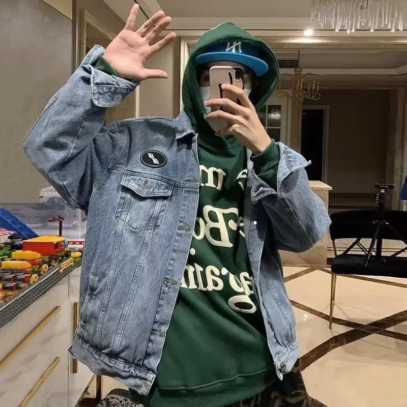 

Мужская джинсовая куртка в стиле ретро, свободного кроя, для весны и осени, в стиле Hong Kong Sle, модная и универсальная, для подростков