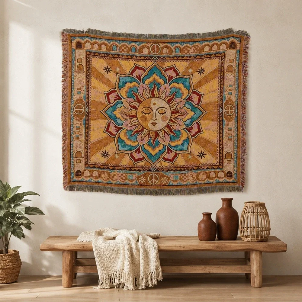 Jacquard Sun Tapestry Blanket Retro Bohemian Woven Throw with Tassels for Living Room Bedroom Wall Hanging Home Decor Dropship