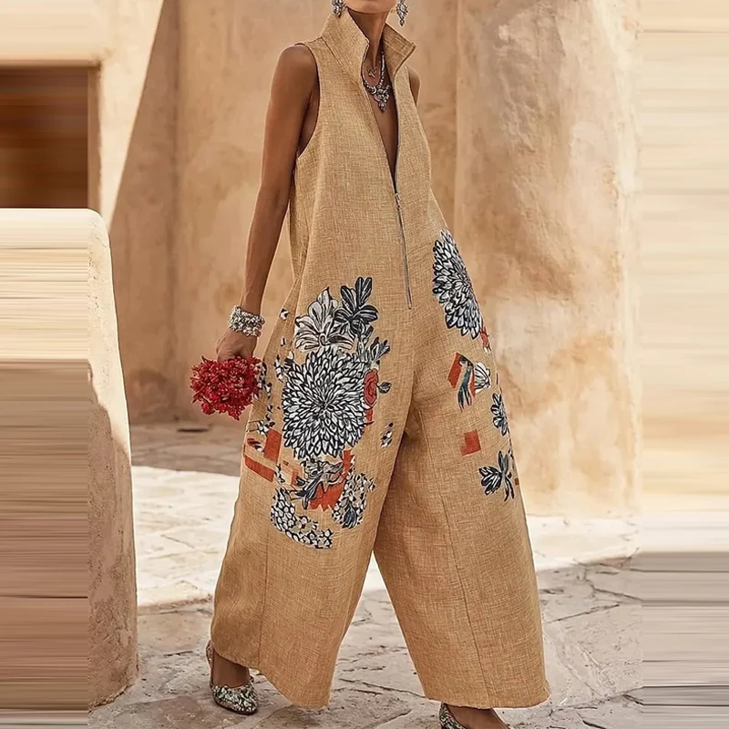 Stand Collar Zipper Sleeveless Vest Jumpsuit Fashion Women Flower Print Beach Playsuit Summer High Street Wide Leg Pants Romper
