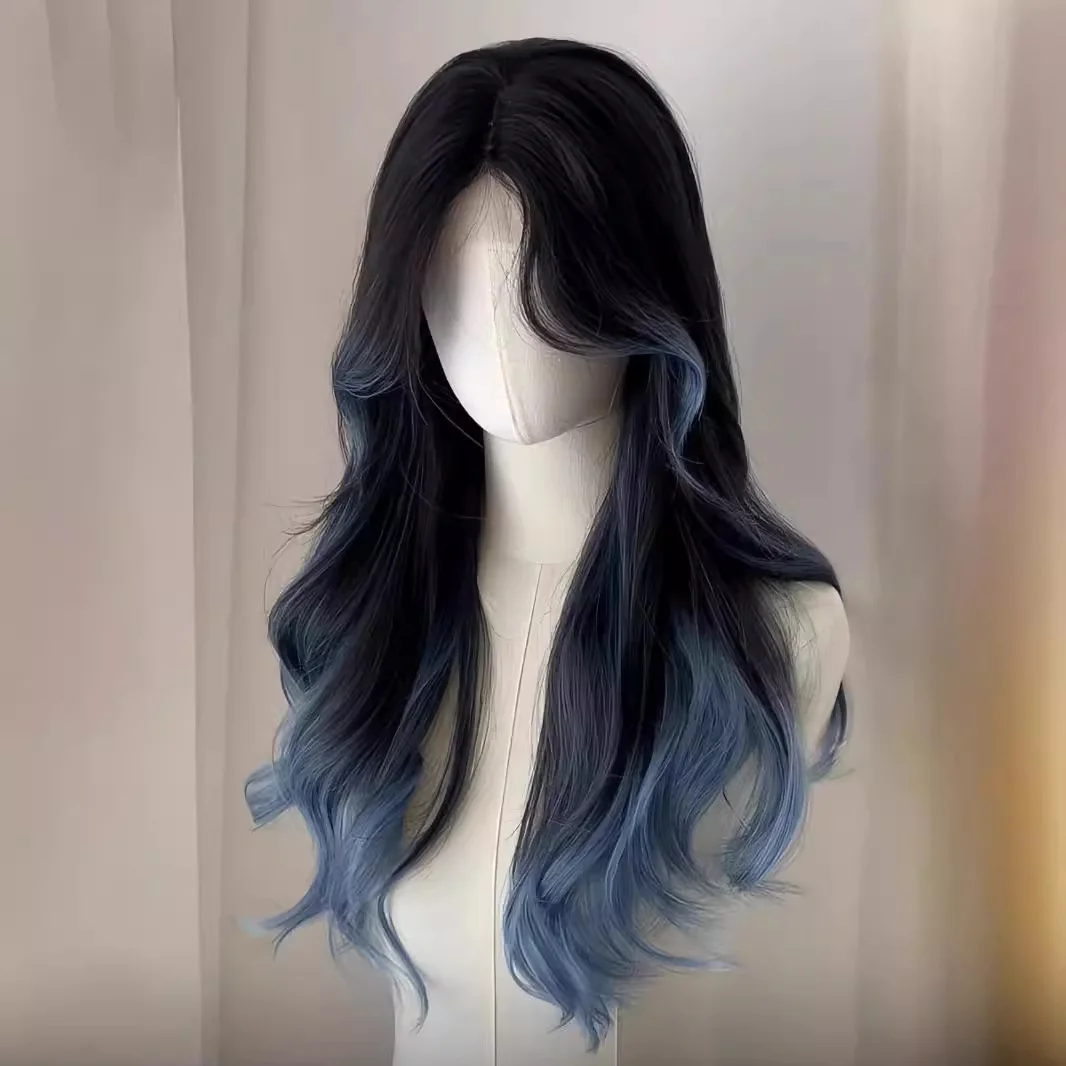 

Synthetic Wig Ombre Blue Long Wavy Hair with Curtain Bangs Full Head Natural Look Gradient Color Heat Resistant Cosplay Daily