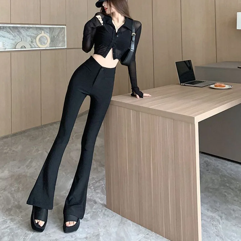 Lucyever Korean High Waied Suit Pants Woman Summer Thin High Elastic Skinny Flared Pants Women Elegant Bag Hip Wide Leg Trousers