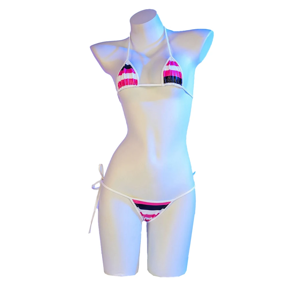 بكيني نسائي مثير من الجلد اللامع ، طقم ملابس داخلية برباط مطبوع مخطط