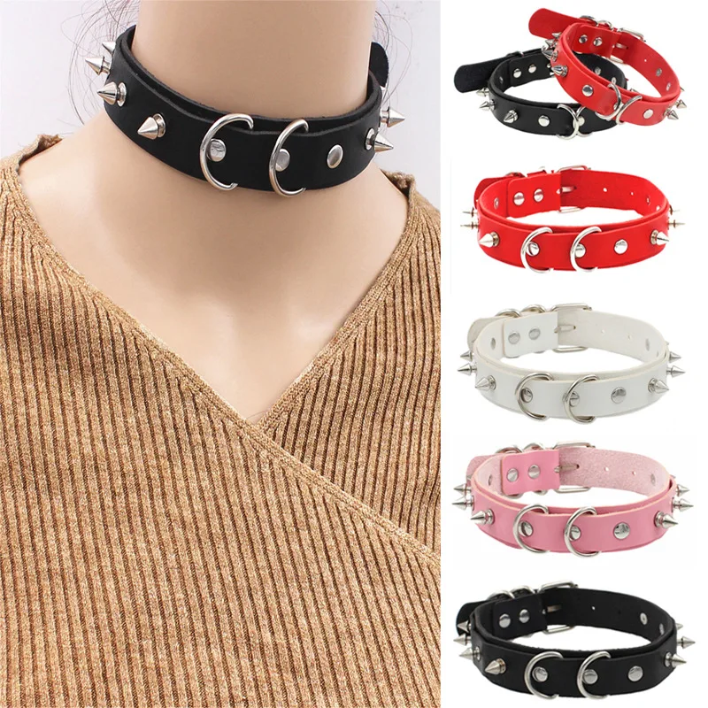 

Punk PU Leather Spike Collar Rivets Necklace Metal Round Belt Buckle Choker Necklace For Women Fashion Jewelry Accessories