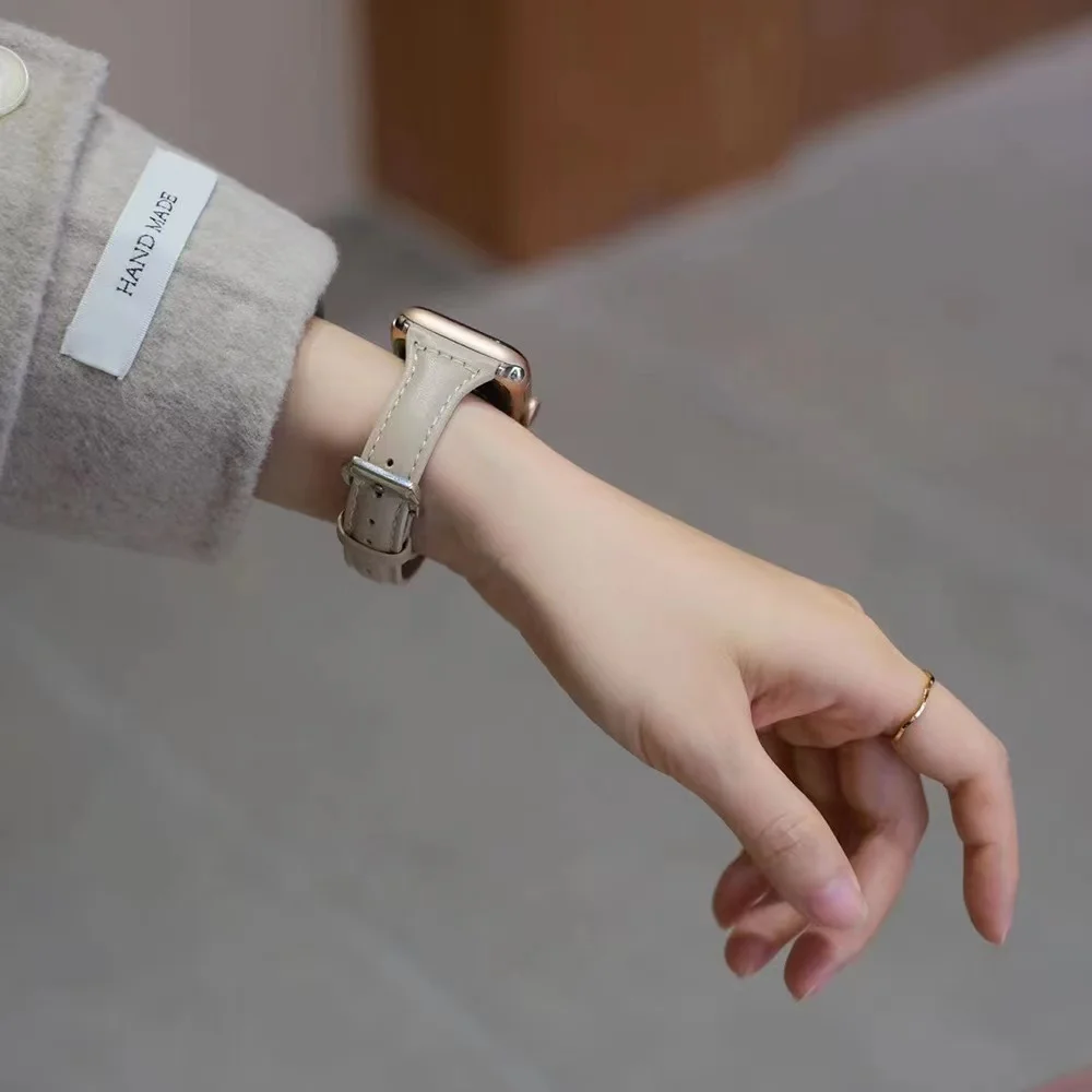 Leather Strap for Apple Watch 7 8 41/45mm 38/42mm Thin Slim Wristband for iWatch Band Ultra 49mm 40/44mm SE 6 5 4 3 2 1