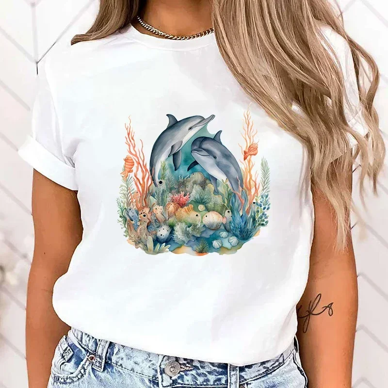 

2024 Premium T-shirt Fashion Funny Dolphin Printed T-Shirts Women Summer Casual Short Sleeved T-Shirts Round Neck Tops Fast Del