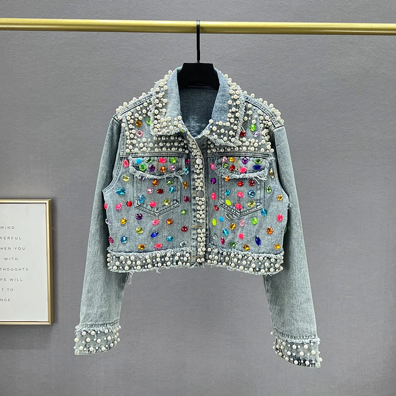 

Colorful Diamonds Short Denim Coat Luxury Women Rivet Beaded Jeans Jacket Rhinestones Cardigan Lapel Long Sleeve Streetwear Tops