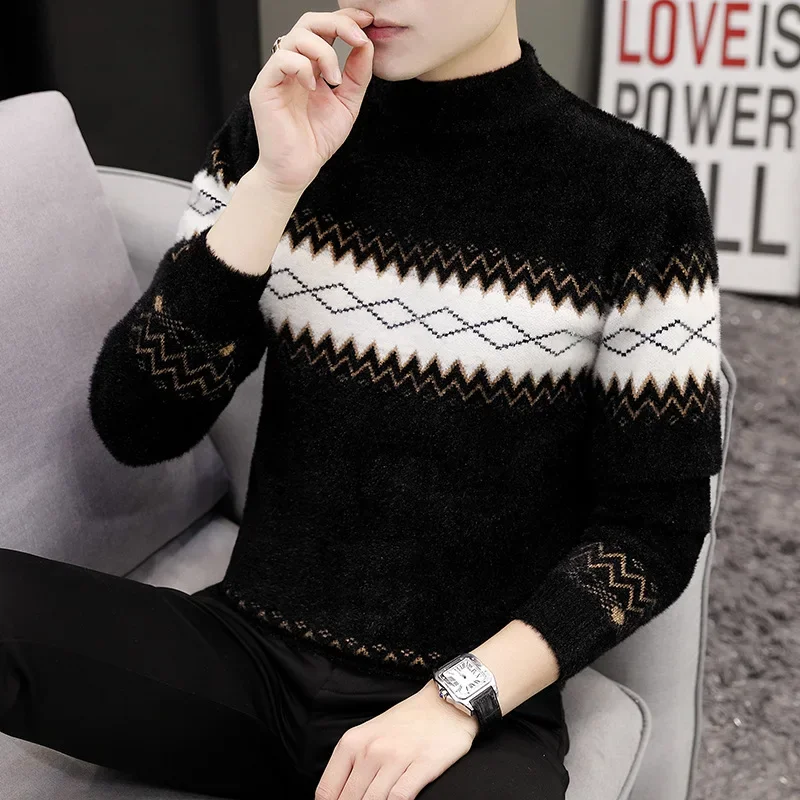 

Men Fashion Sweaters Striped Pullovers Flat Knitted Long Sleeve Jumpers Loose Fit Casual Sweaters Slight Strech 2025 Winter
