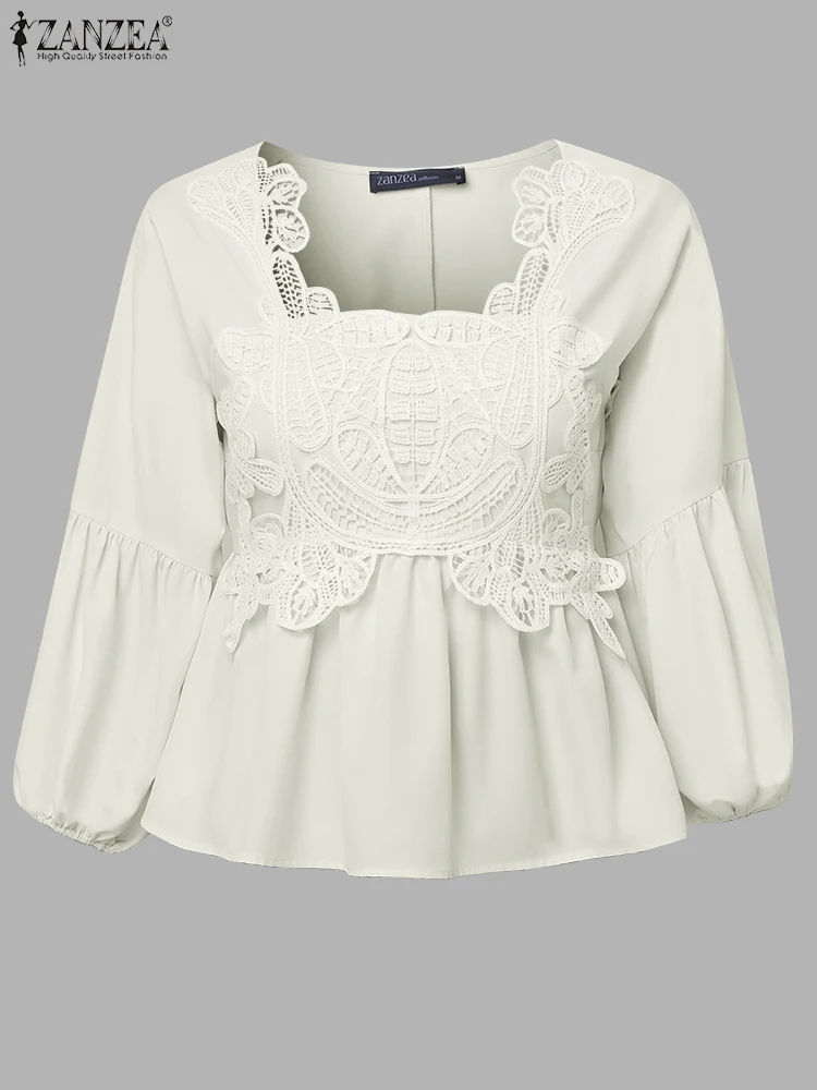 

ZANZEA Fashion Solid Blouse Women Square Collar Autumn Lace Tops 2025 3/4 Lantern Sleeve Elegant Tunic Casual Loose Pullovers