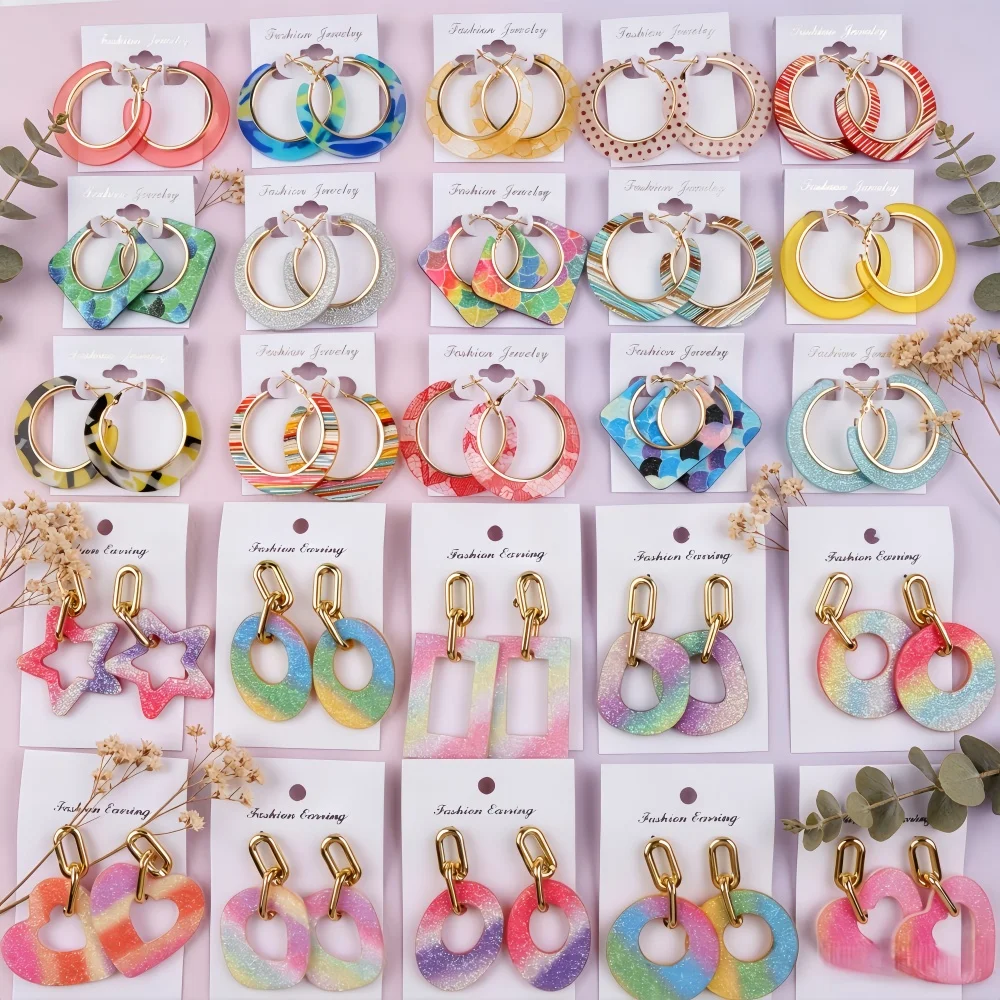 10/12Pairs/Lot Fashion Bright Painting Drop Acrylic Earrings Women Summer Floral Fruit Macaron Trendy Mix Jewelry Daily Holiday