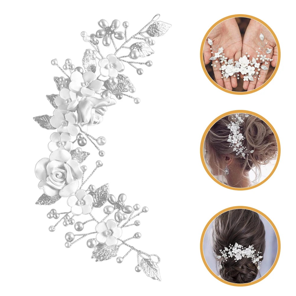 

2 Pcs Flower Silver Hair Accessories Bridal Head Decoration Leaf Headpiece Bride Alloy Wedding