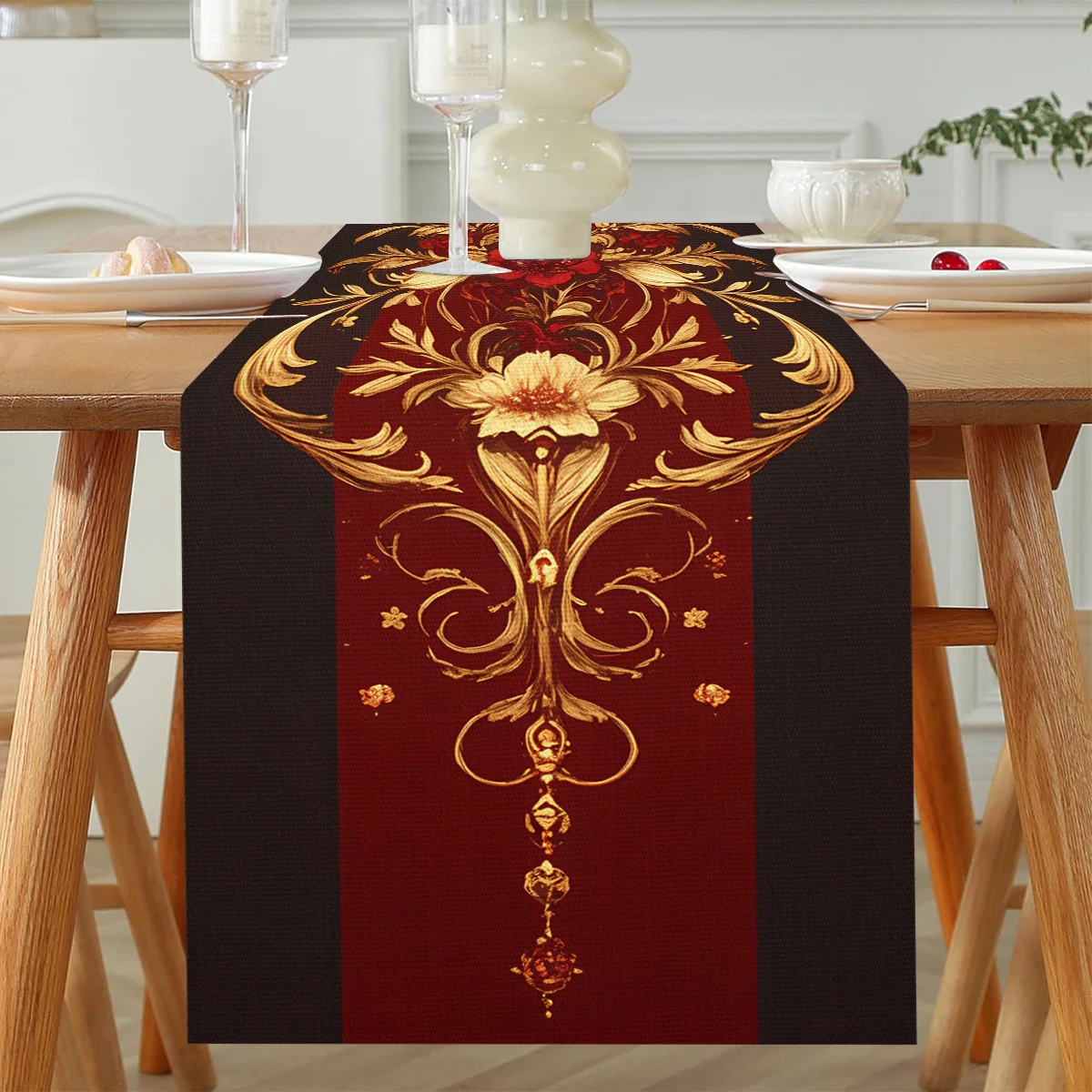 1 Piece Happy Valentine's Day Table Runner, Red Vintage Pattern Table Flag, Suitable for Dinner Parties, Holiday Parties, Family Gatherings, Children's Activities, Themed Cafes, Home Decoration, Christmas Markets, Cozy Tea Parties