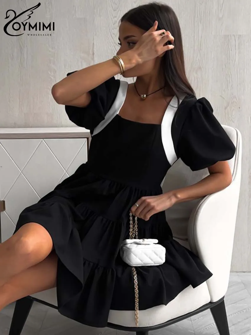 Oymimi Fashion Black Patchwork Women's Dress Elegant Short Sleeve Square Neck Open Back Dresses Casual Bow Pleated Mini Dresses