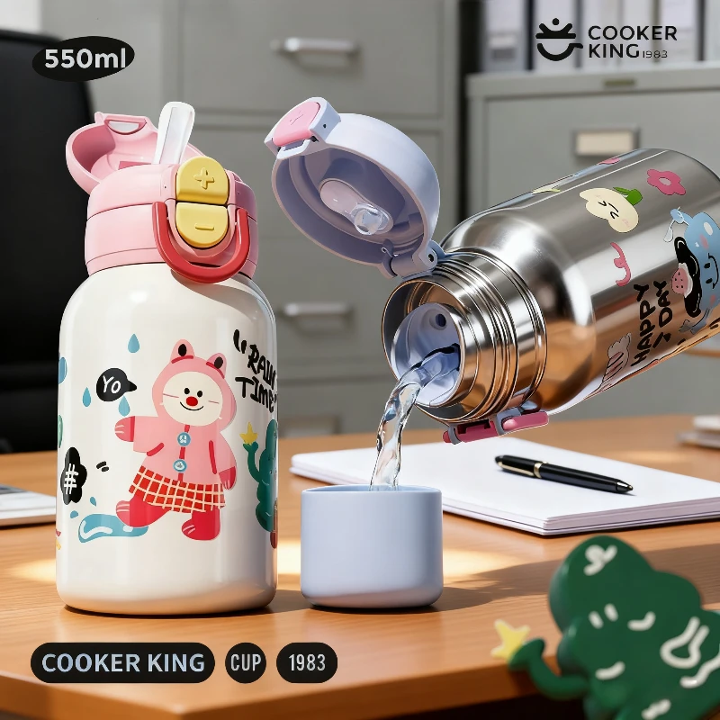 COOKER KinG Thermosbecher für Kinder, 316er Edelstahl, doppelter isolierter Trinkbecher mit Strohhalm, Cartoon-Wasserflasche für Kinder