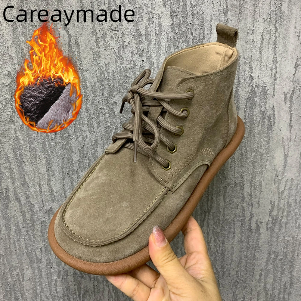 Careaymade-Genuine leather Women Boots wide toe Oversize Warm Snow Boots Plus Size Casual Flat BootsAnkel Boots Women Shoes35-43