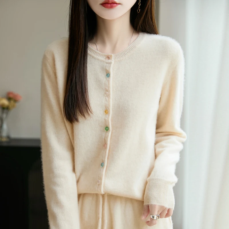New Arrival Autumn Winter  Women's Merino Wool Knit Cardigan O-Neck Colorful Ornament Buttons Sweater Solid Delicate Grace Top