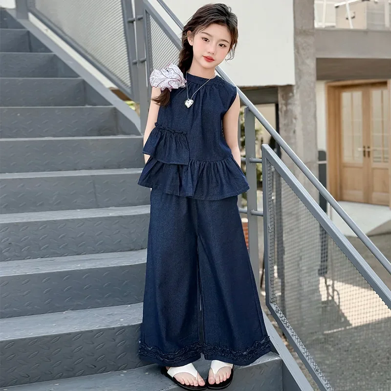 

2025 New Summer Girls' Irregular Ruffled Sleeveless Vest and Wide Leg Pants Two-piece Set