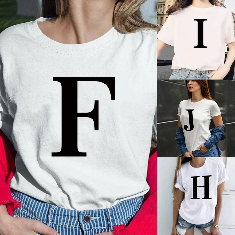 

2024 Women's Summer Short Sleeve T-Shirts 26 Black Letter Printed Tees Tops Female O-neck Pullover for Lady Casual Commuter Tops