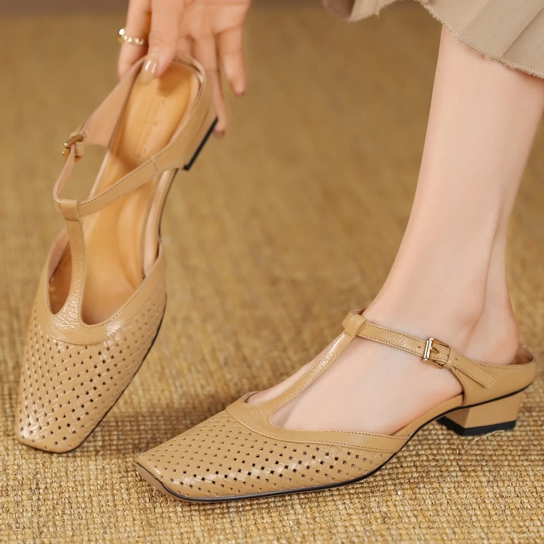 Plus size 41 women\'s hollow-out mix color patchwork slip-on t-strap sandals square toe elegant ladies kitten heel slides mules