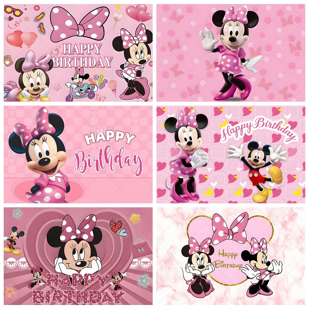 

Happy Birthday Mickey Minnie Backdrop Custom Pink Glitter Bow Decor Girls Baby Shower Party Photography Background Banner Props