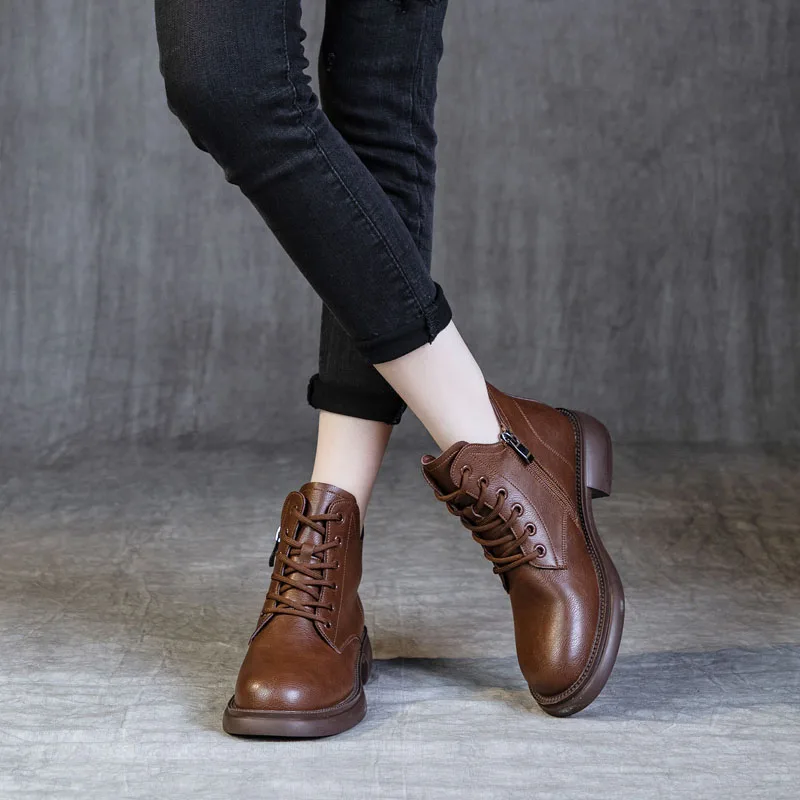 DRKANOL British Style Women Med Thick Heel Ankle Boots Autumn Winter Plush Warm Casual Short Boots Lace-Up Zipper Soft Fur Shoes