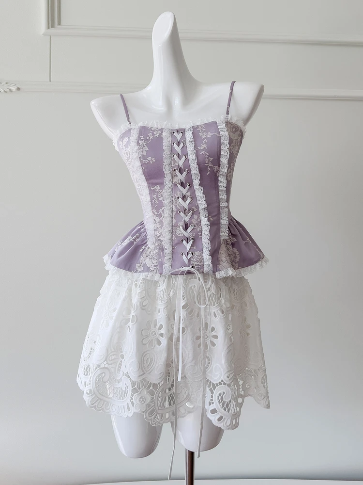 

Sweet Ele Purple Bal Lace Trim Heavy Work Strapl Slimming Crop Top for Young Women Cotton Polyester Blend ort S...