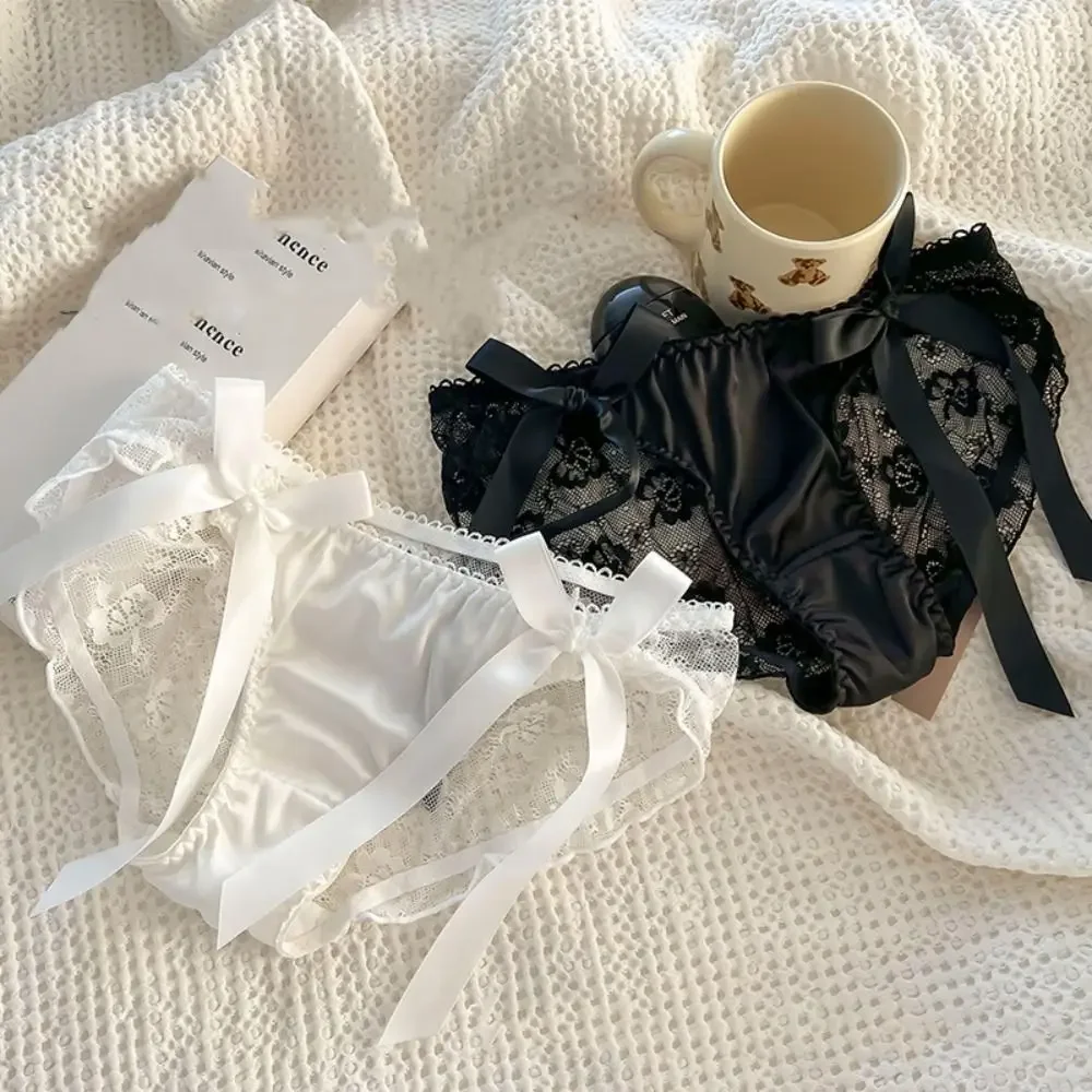 Solid Color Lace Bow Underwear Breathable Hollow Out Female Lingerie Low-Waist Qualit Satin Ruffle Panties Underwear Brief image 3