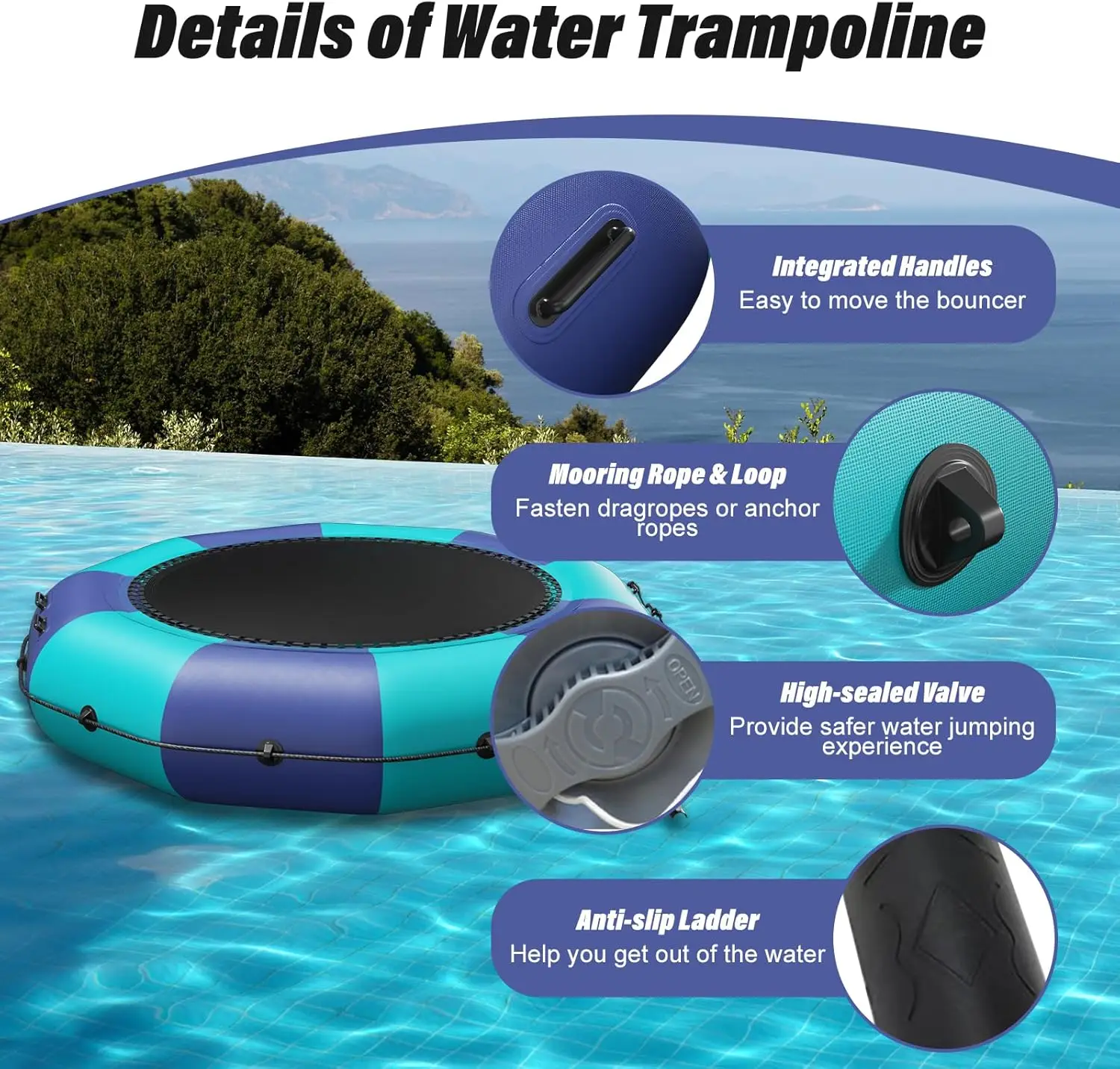 Water Trampoline,10Ft/12Ft/15Ft Recreational Water Bouncer,Floating Water Trampoline with 500W Electric Inflator & Ro