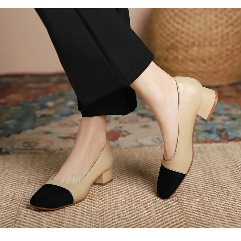 

Women Pumps Genuine Leather High Heels Shallow Mouth Middle Sheepskin Square Toe Smooth Small Fragrant Style Thick Heeled Shoese