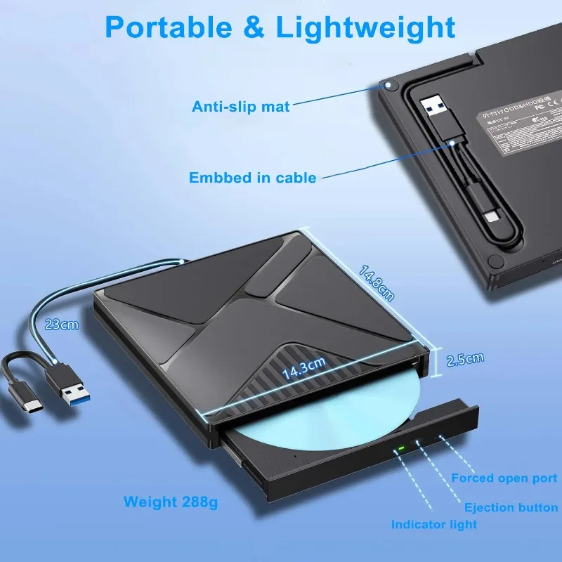2-in-1 USB 3.0 Typ-C Externes DVD RW ROM CD-Laufwerk Optisches Laufwerk für Laptop Desktop-Computer Tragbarer DVD-Brenner – Detail 7