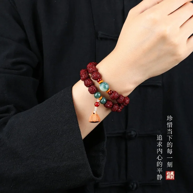 Machine Polished Patina Small Rudraksha Bracelet Double Loop Men's Walnut Wrist Mala Prayer Beads Lucky Jewelry Gifts