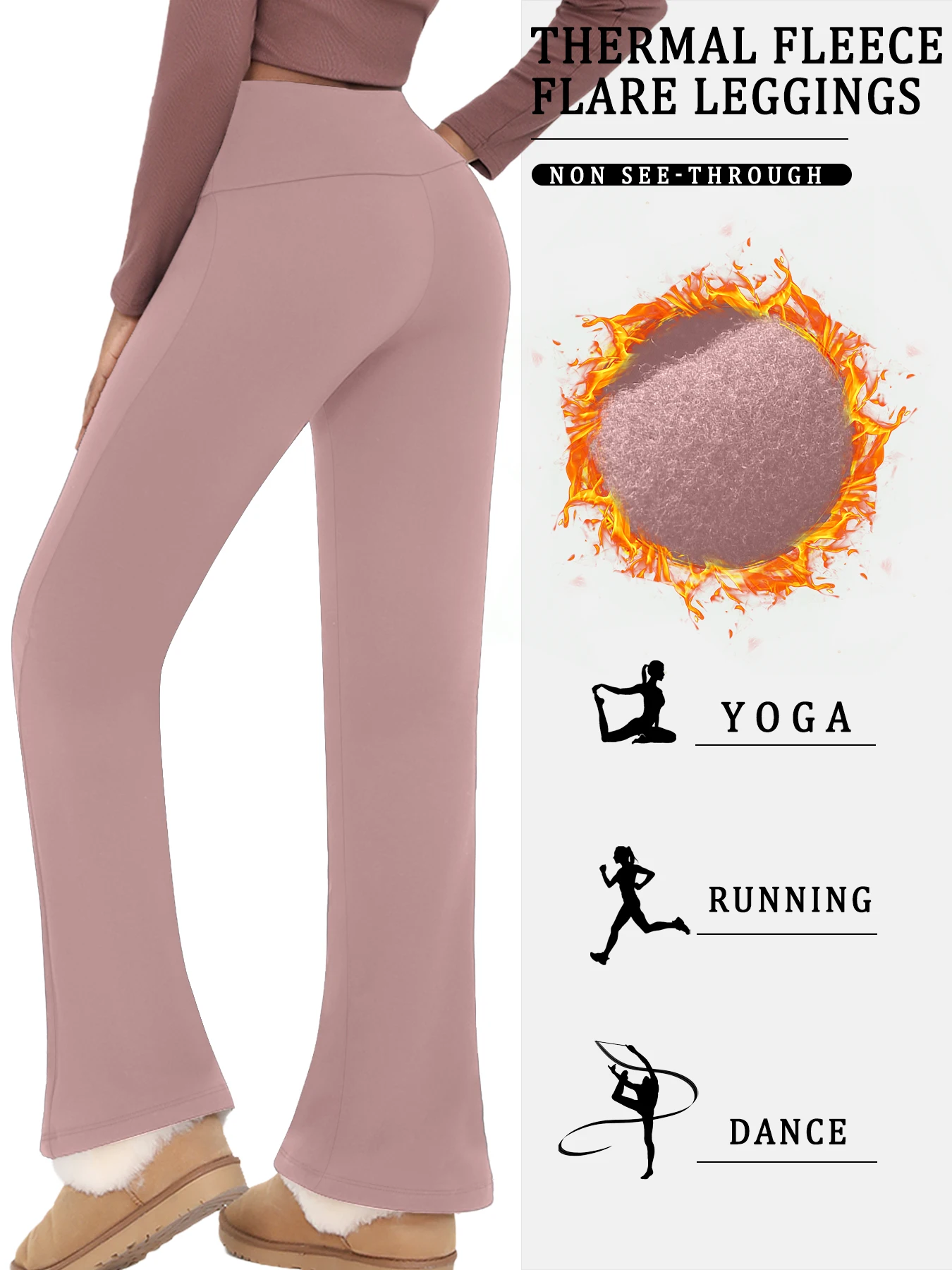 Damen-Leggings mit Fleece-Futter – hoch taillierte, superweiche Schlaghose mit Bauchkontrolle. Freizeitkleidung. Freizeit zu Hause