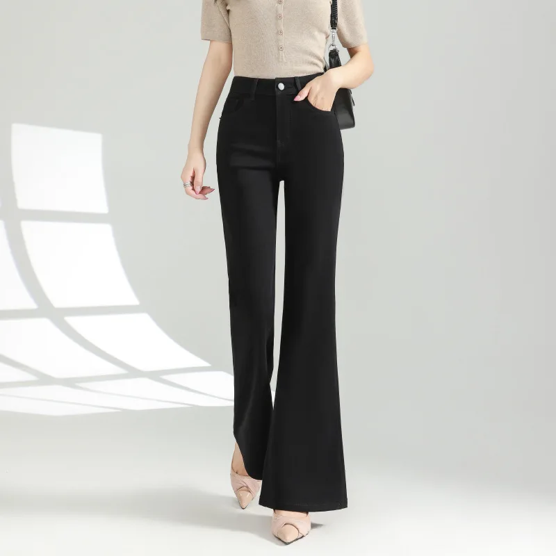 Cool Beauty Pure Black 3D Flared Pants Women's High Waist Stretchy Slimming Non-Shrinking Non-Fading Spring New Arrival Jeans