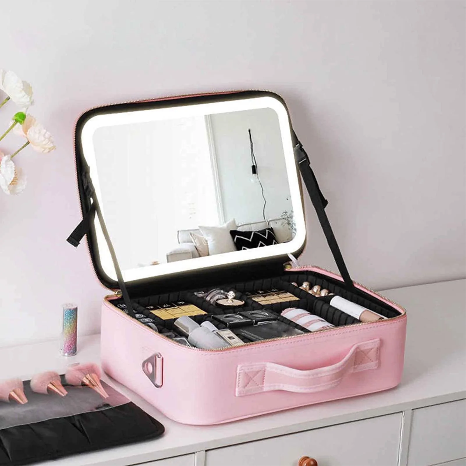 2024 New Smart LED Makeup Bag With Mirror With Compartments Waterproof PU Leather Travel Cosmetic Case For Women