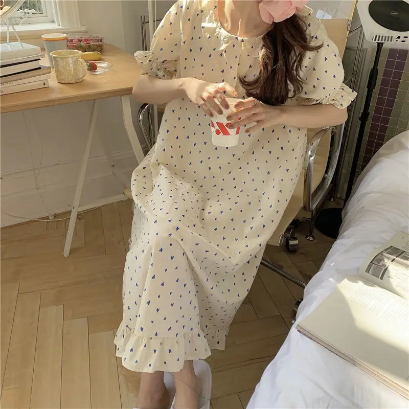 Heart Print Sleepwear Woman Short Sleeves Nightgown Korean Night Dress Summer One Piece Pajamas Dress Ruffles Night Wears 2024