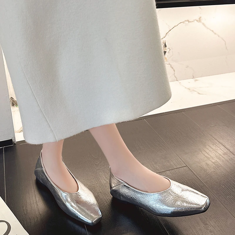 

Women Ladies Square Toe Metallic PU Leather Ballet Flats Slip On Casual Comfortable Shiny Crinkle Patent Daily Work Office Shoes