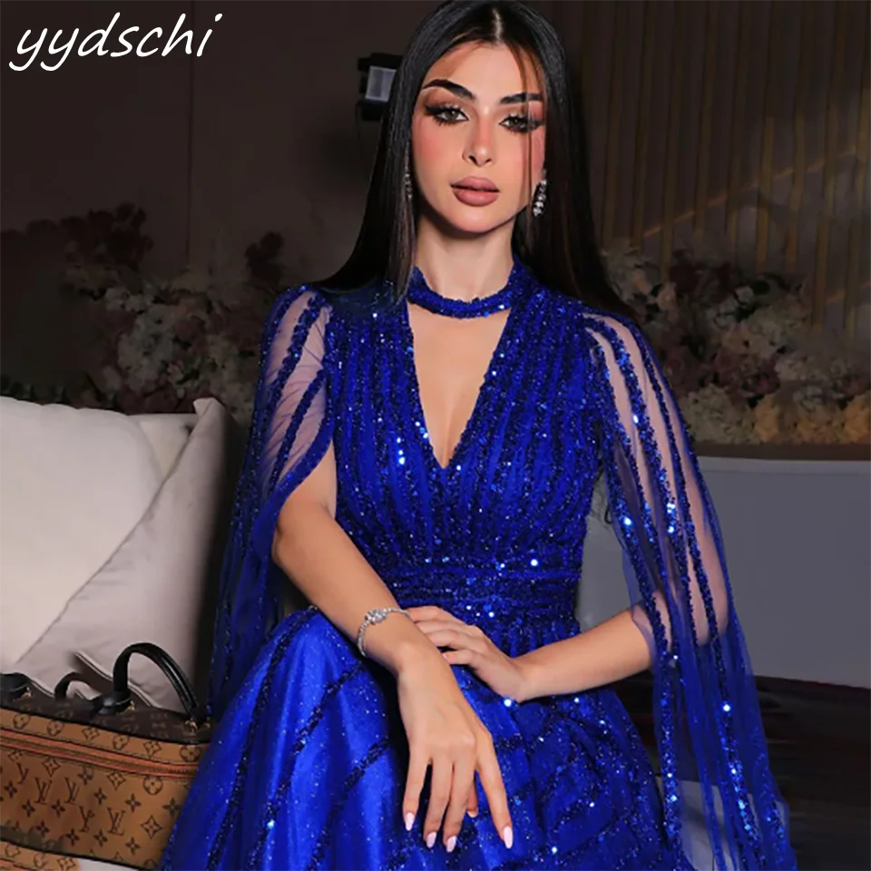 

Charming Royal Blue V Neck Sequin Beaded A Line Wedding Dress 2024 Long Sleeves Illusion Sweep Train Tulle Bridal Gown For Women