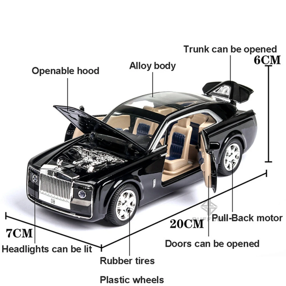 1/24 Scale Rolls Royce Sweptail Car Model Toy Metal Diecasting with 4 Doors Opened Rubber Tire Vehicle Models for Children Gifts