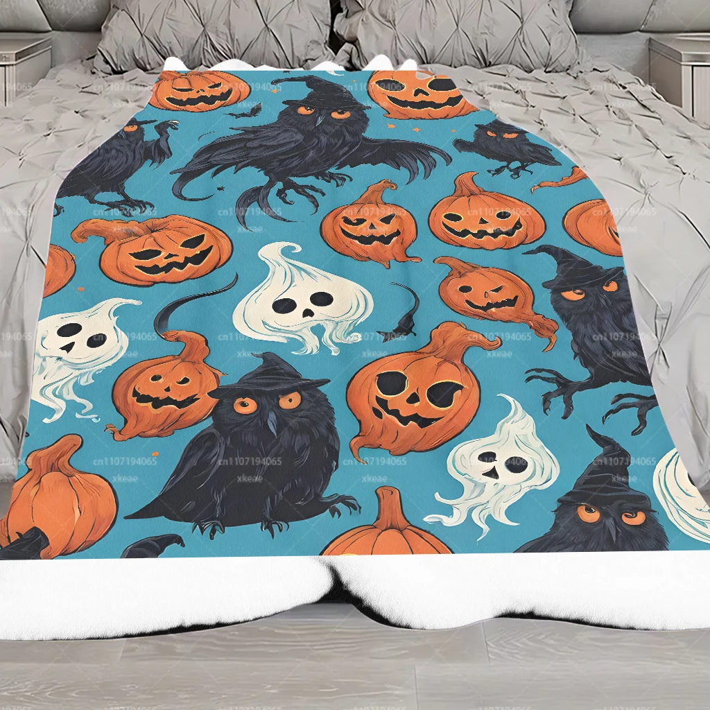 Halloween Flannel Throw Blanket, Blue Background Pumpkin Ghost Crow Owl Witch Hat Print Blanket, Soft Lightweight Cozy Blanket