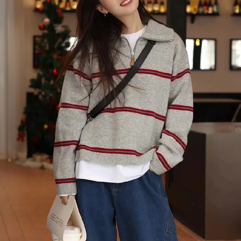 

Retro Contrasting Striped Half Zipper POLO Collar Sweater for Women's Autumn New Loose Knit Sweater