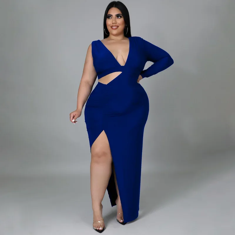 

KEXU Plus Size Women Midi Party Dress High Side Split Ruched One Long Sleeve Cut Out Shoulder V-neck Bodycon Maxi Long Dress