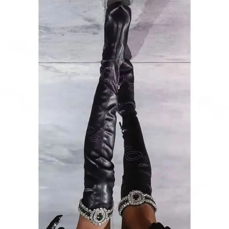 

Green Crystal Flower Black Pointed Toe Boots Side Zipper Women Shoes Thin High Heels Party Feast Runway 2026 Zapatos Para Mujere